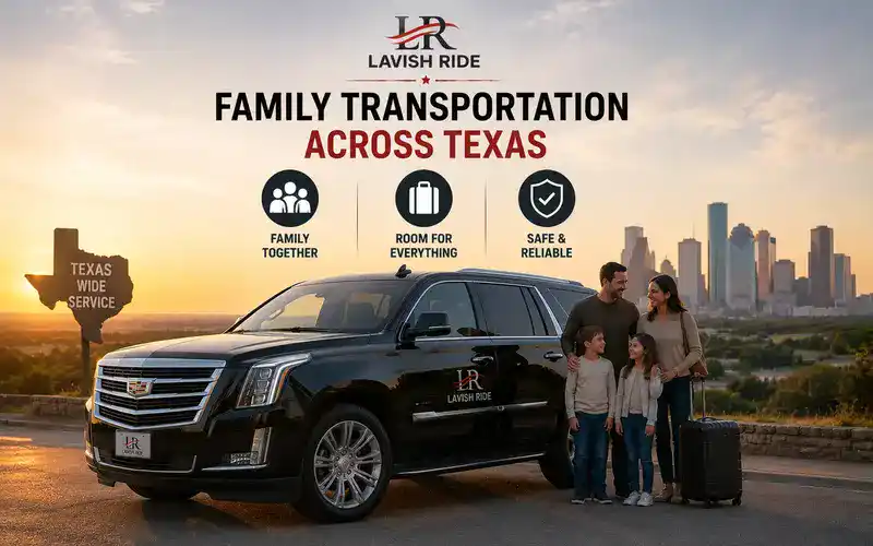 Luxury SUV providing family transportation across Texas, offering spacious seating, luggage capacity, comfort, and reliable long-distance travel for families and groups.